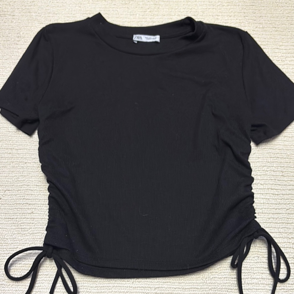 Zara Black Ruched Crop T-Shirt
